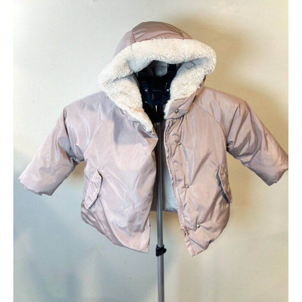 Zara Baby Girls Faux Fur Lined Padded Jacket Size 18 24M Pink Beige Cozy Winter
